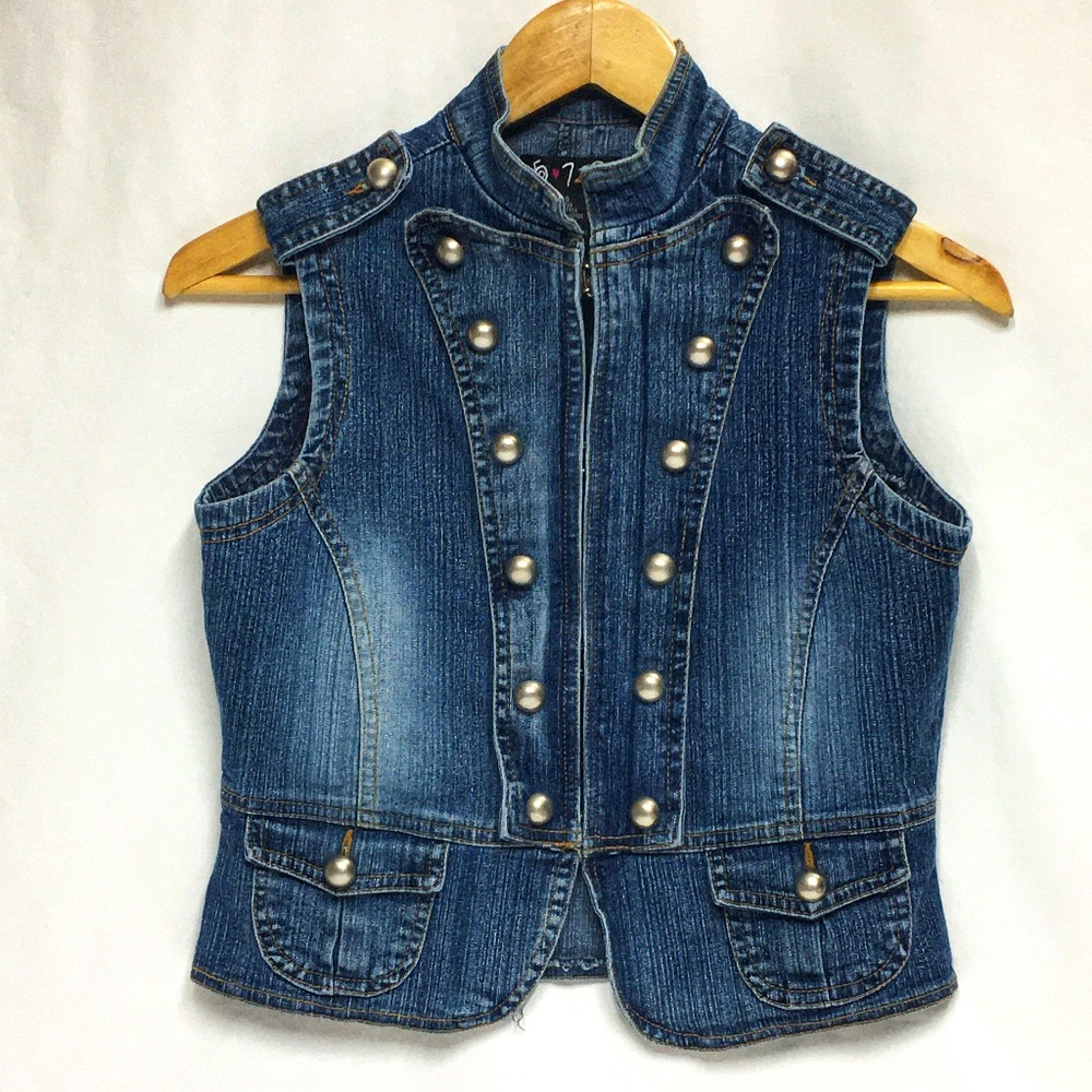 VINTAGE 579 Junior’s Small Blue Denim Military Style Vest w/Pockets
